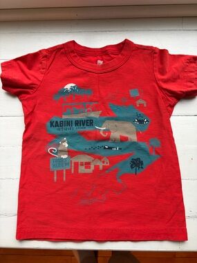 Tea Collection Red Short Sleeve Tee with Teal River & Elephant Graphic